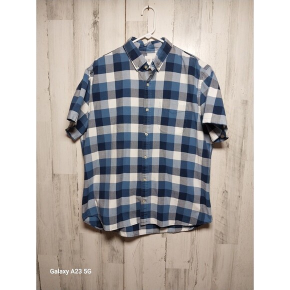 GAP Men's XL Button Up Short Sleeve Blue Check Shirt - Picture 1 of 7